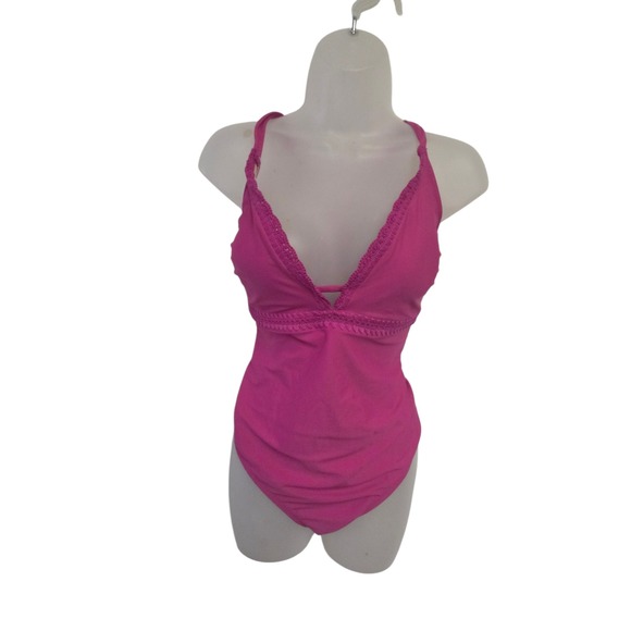 Kona Sol Other - Kona Sol Womens Pink Crochet Trim V-Neck One Piece Swimsuit XL Halter Tie Back